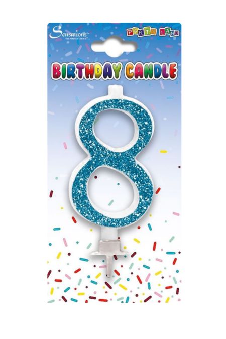 Blue glitter birthday cake candle shaped as number 8 for boys