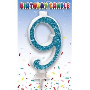 Blue glitter number 9 birthday cake candle on card