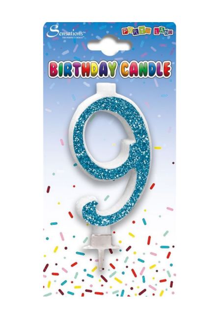 Blue glitter number 9 birthday cake candle on card