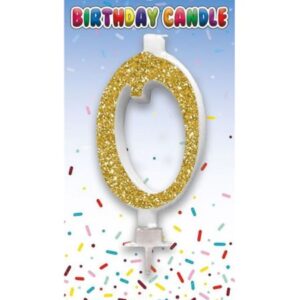 Sensations gold glitter number zero birthday candle on card backing