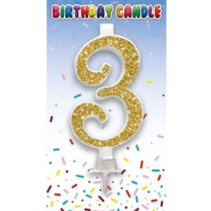 Gold glitter number 3 birthday candle on card packaging with confetti