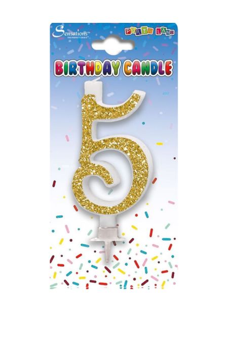 Gold glitter number 5 birthday candle on party-themed backing card