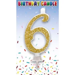 Gold glitter number 6 birthday candle on card packaging