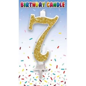 Gold glitter number 7 birthday candle with pick on party-themed backing card