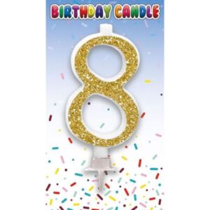 Gold glitter number 8 birthday candle on card packaging