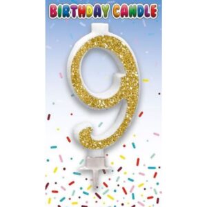 Gold glitter number 9 birthday candle with white holder on festive packaging