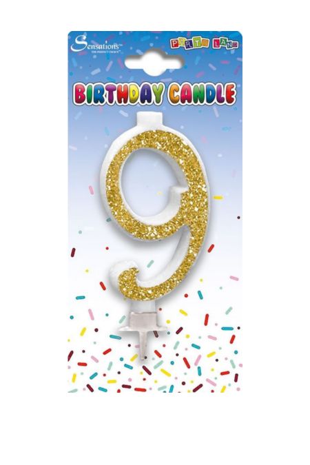 Sensations Gold Glitter 9 Gold glitter number 9 birthday candle with white holder on festive packaging