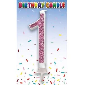 Pink glitter number 1 birthday cake candle on white card with confetti background