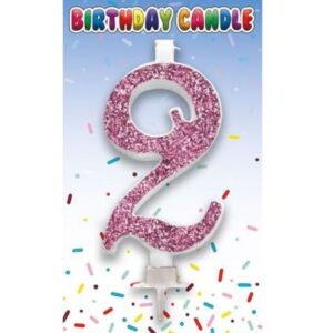 Pink glitter number 2 birthday candle in packaging with colourful confetti design