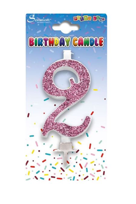 Sensations Pink Glitter 2 Pink glitter number 2 birthday candle in packaging with colourful confetti design