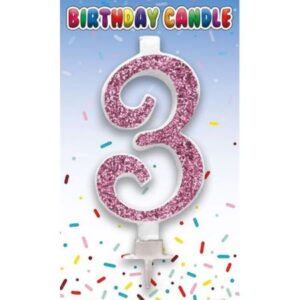 Pink glitter number 3 birthday candle from Sensations on a party-themed backing card
