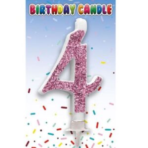 Pink glitter number 4 birthday candle on packaging with confetti design