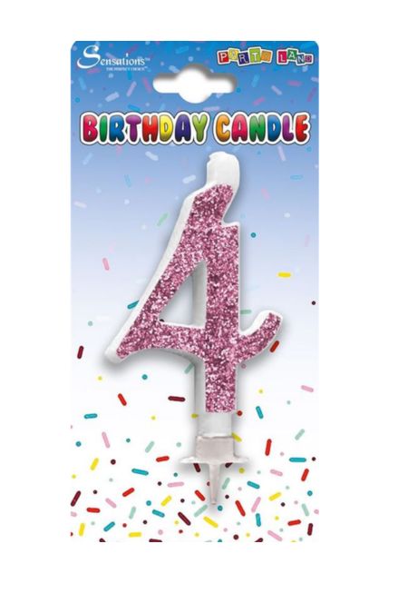 Pink glitter number 4 birthday candle on packaging with confetti design