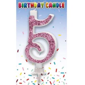 Pink glitter number 5 birthday candle on packaging with confetti background