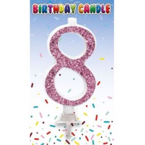 Pink glitter number 8 birthday cake candle on party card