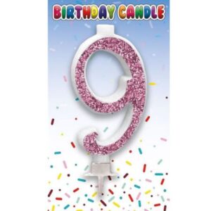 Sensations pink glitter number 9 birthday candle on card