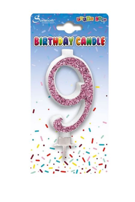 Sensations pink glitter number 9 birthday candle on card
