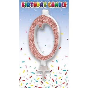 Rose gold glitter number zero birthday cake candle in packaging