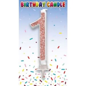 Sensations rose gold glitter number 1 birthday candle in packaging with confetti background