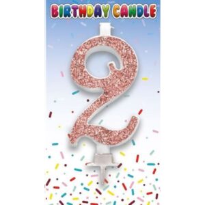 Rose Gold Glitter number 2 birthday candle on party-themed packaging