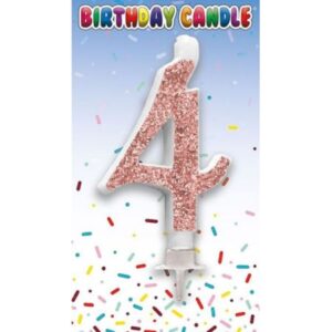 Rose gold glitter number 4 birthday candle on card with confetti design