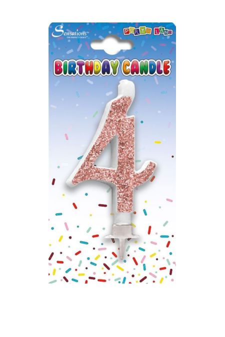 Rose gold glitter number 4 birthday candle on card with confetti design