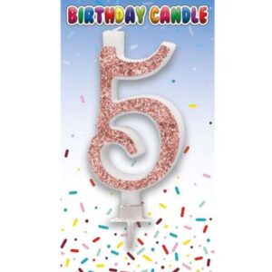 Rose gold glitter number 5 birthday candle on white card with multicoloured sprinkles background