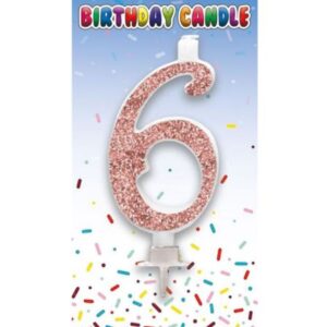 Sensations rose gold glitter number 6 birthday candle on packaging with confetti pattern