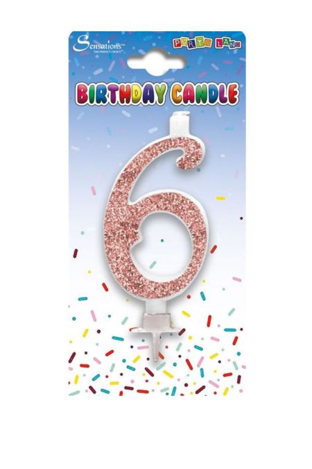 Sensations rose gold glitter number 6 birthday candle on packaging with confetti pattern