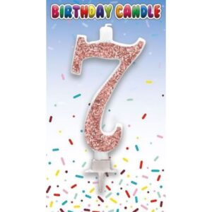 Rose gold glitter birthday candle shaped as number 7 in clear packaging