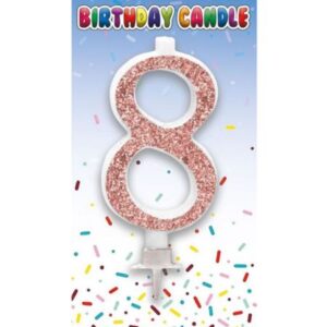 Sensations rose gold glitter number 8 birthday candle on party-themed backing card