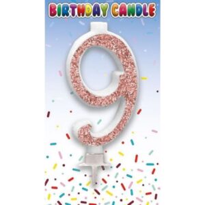 Sensations rose gold glitter number 9 birthday cake candle in packaging
