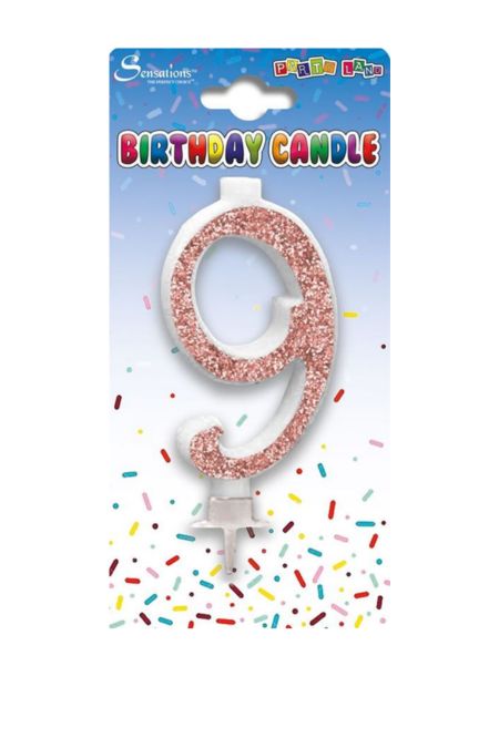 Sensations rose gold glitter number 9 birthday cake candle in packaging