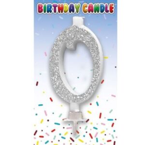 Silver glitter number 0 birthday candle on card packaging with confetti background