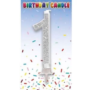 Sensations Age 1 birthday candle with silver glitter on white backing card
