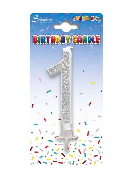 Sensations Silver Glitter 1 Sensations Age 1 birthday candle with silver glitter on white backing card