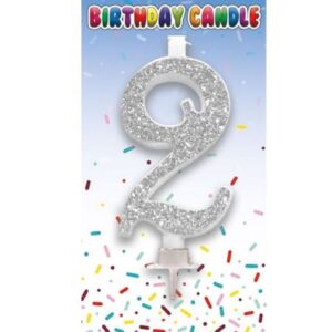 Silver glitter number 2 birthday cake candle on a party-themed card
