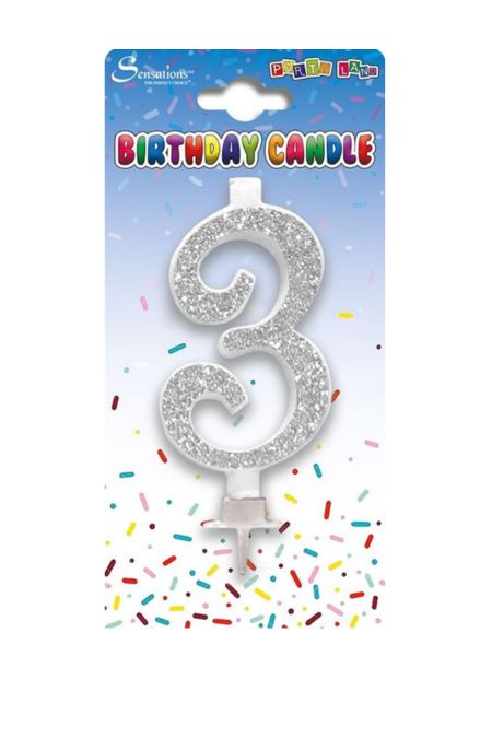 Sensations Silver Glitter 3 Birthday Candle