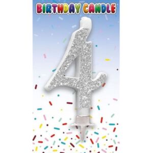 Silver glitter birthday candle shaped as number 4 suitable for age 4 birthday cakes