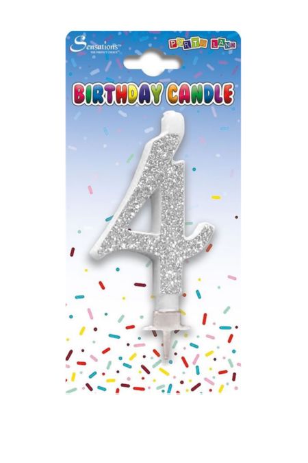 Silver glitter birthday candle shaped as number 4 suitable for age 4 birthday cakes