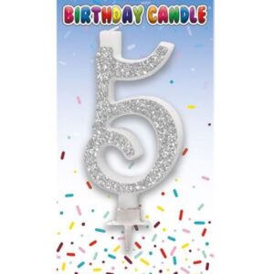 Silver glitter number 5 birthday candle on card background with confetti design
