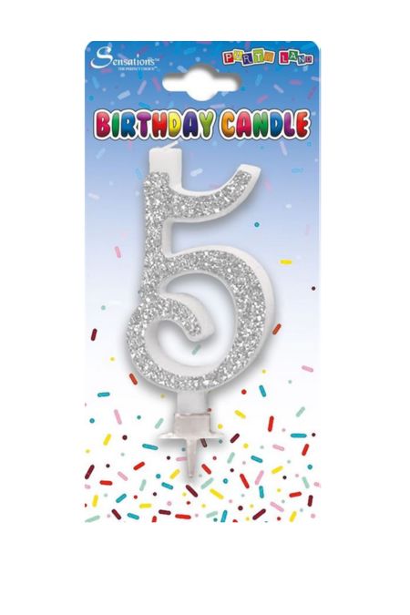 Sensations Silver Glitter 5 Silver glitter number 5 birthday candle on card background with confetti design