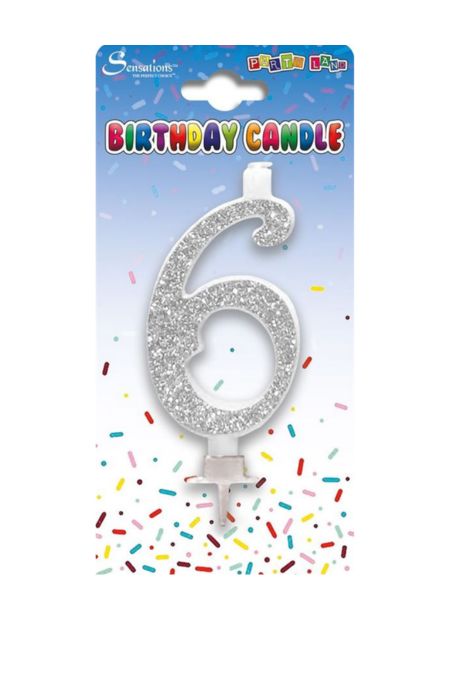 Sensations Silver Glitter 6 Birthday Candle