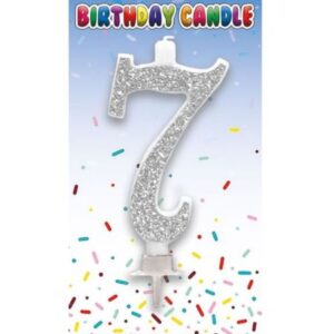 Sensations silver glitter number 7 birthday candle on card with confetti print