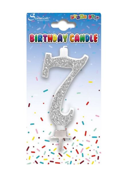 Sensations silver glitter number 7 birthday candle on card with confetti print