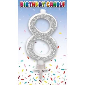Silver glitter number 8 birthday cake candle on card backing with festive design