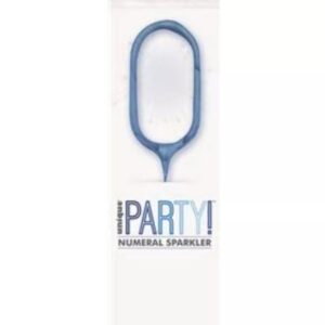 7 inch blue glitter numeral 0 sparkler in packaging