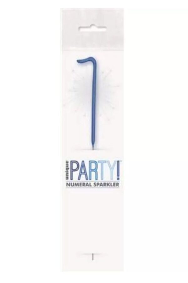 7 inch blue number 1 sparkler with glitz in packaging