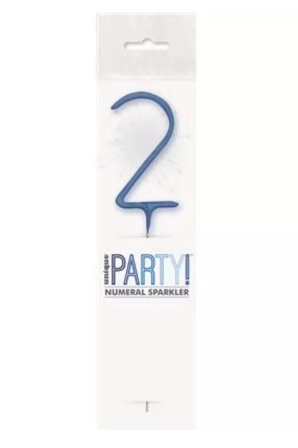 7 inch blue glitz number 2 shaped sparkler in packaging for birthday celebrations