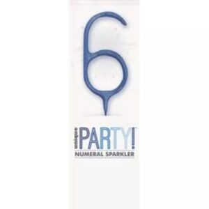 Blue number 6 sparkler in clear packaging with party branding